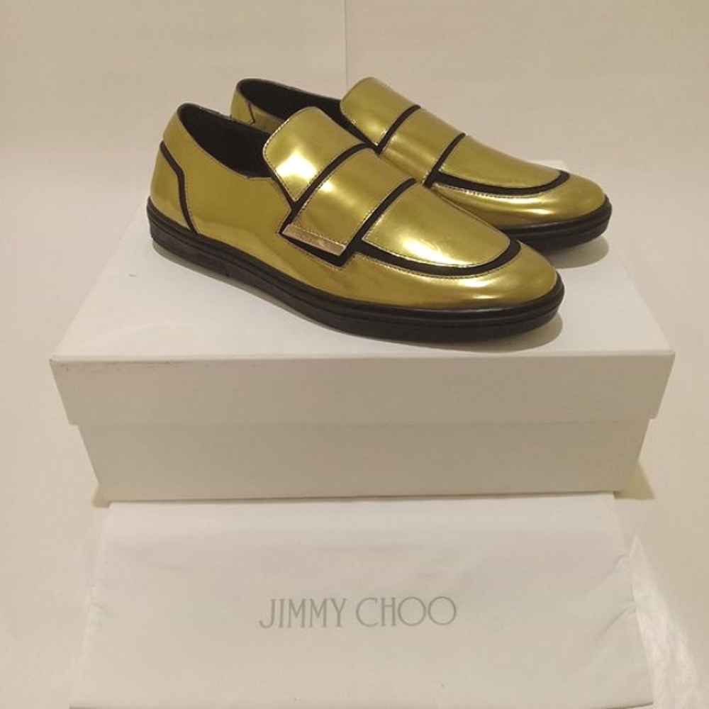 Jimmy Choo Metallic Gold Patent Leather Grove Slip-On - EU44 US11